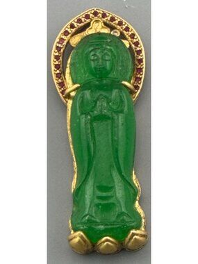Vintage Buddha Pendant Green Carved Stone Gold Tone UV Reactive Rhinestones